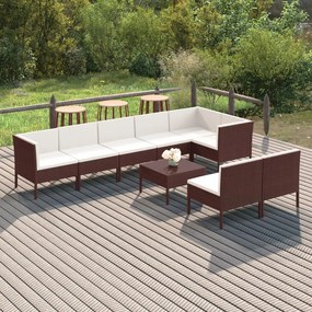 vidaXL 9 pcs conjunto lounge jardim c/ almofadões vime PE castanho