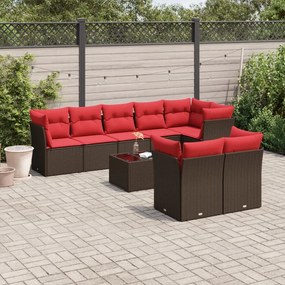 vidaXL 9 pcs conjunto sofás p/ jardim c/ almofadões vime PE castanho