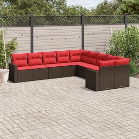 10 pcs conj. sofás jardim com almofadões vime PE castanho