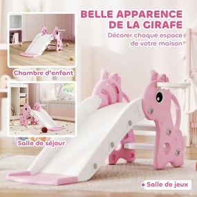 Escorrega infantil 3 em 1 em forma de girafa com cesto de basquetebol, trepa-trepa e bola, 106 x 51,5 x 52 cm, rosa