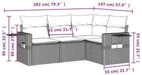 4 pcs conjunto sofás de jardim c/ almofadões vime PE cinzento