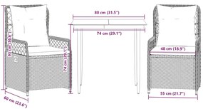 3 pcs conjunto de jantar p/ jardim com almofadões vime PE bege
