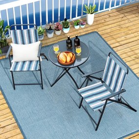 Conjunto de mesa dobrável de jardim e 2 cadeiras com tecido texteline respirável e estrutura de metal para quintal, piscina e varanda Riscas