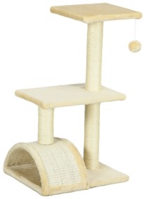 PawHut Arranhador para Gatos Médio de 3 Níveis com Postes de Sisal Placa para Arranhar e Bola Suspensa 40x35x72 cm Creme