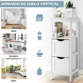 Armário de banho com 1 prateleira e 2 gavetas removíveis estreito lateral 30 x 30 x 89 cm Branco
