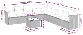 10 pcs conj. sofás jardim com almofadões vime PE cinzento-claro