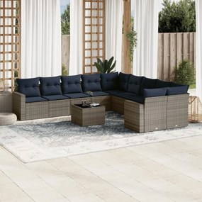 11 pcs conjunto sofás de jardim c/ almofadões vime PE cinzento