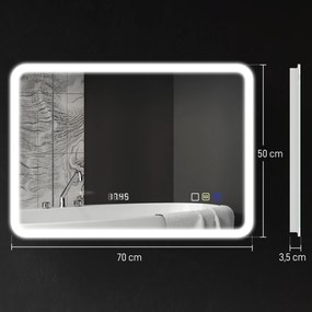 Espelho de Casa de Banho com Luz LED 70x50 cm Bluetooth 3 Cores de Luz Relógio Digital Função Antiembaciamento Função de Memória Prata