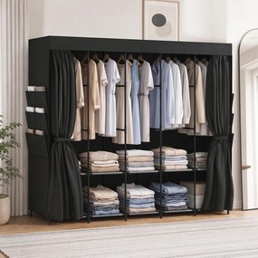Roupeiro de Tecido com 5 Barras, 5 Prateleiras, 6 Bolsos Laterais, Fecho de Correr, Estrutura em Aço, 212x45x167 cm, Preto
