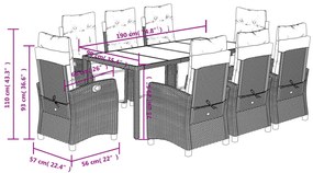 9 pcs conjunto de jantar p/ jardim c/ almofadões vime PE cinza