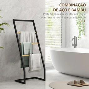 Toalheiro de Pé para Casa de Banho com 4 Barras em Bambu e Aço 40,5x28x98 cm Preto e Madeira