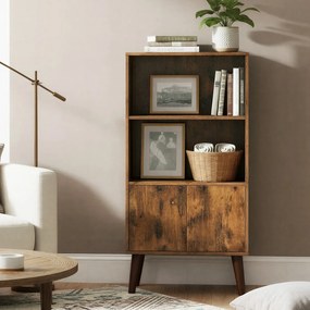 Estante de 3 prateleiras com portas 30 x 60 x 120 cm, design Mid-Century, para a sala de estar e o escritório em casa castanho