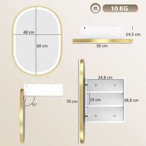 Armário de Casa de Banho com Espelho e Luzes LED de 3 Cores Armário de Parede Oval com Memória e Função Antivapor Dourado