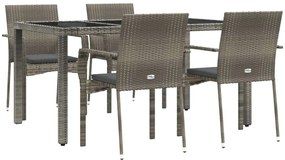 5 pcs conjunto de jantar p/ jardim c/ almofadões vime PE cinza