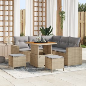 Conjunto de Sofá de Jardim com 8 Peças e Almofadas Beje de Vime Acácia