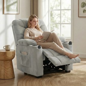 Poltrona Relax Elétrica Reclinável com Calor Lombar Massagem Vibratória Motor Silencioso Função Memória USB Cinza