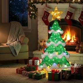 Árvore de Natal Iluminada 130 cm em Malha 3D Exterior Interior de Morango Luzes LED Verdes e Amarelas Moldura Metálica Verde