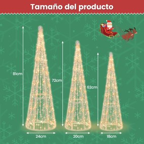 Conjunto de 3 árvores de Natal pré-iluminadas em forma de cone com correntes de estrelas 62/72/81cm