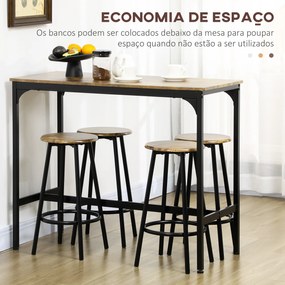 Conjunto de Móveis Altos de Bar com 5 Peças Mesa de Refeição Industrial e 4 Bancos Redondos Castanho Rústico e Preto