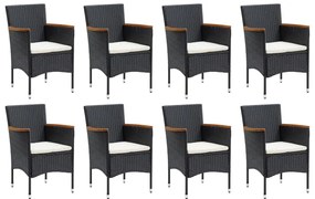 9 pcs conjunto de jantar p/ jardim c/ almofadões vime PE preto