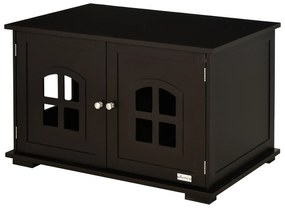 PawHut Casa para Gatos de Madeira Móvel para Caixa de Areia para Gatos 2 em 1 com Armário de Armazenamento Ampla Bancada 2 Portas com Janelas e Orifício de Entrada Lateral 80,3x52,6x48,8 cm Café