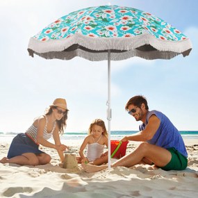 Guarda-sol de praia com franjas 2 m Exterior com botão de inclinação Âncora de areia 8 hastes para Jardim Piscina Terraço Pátio Verde