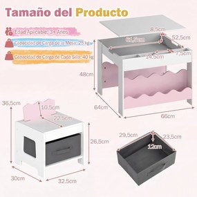 Conjunto de Mesa e 2 Cadeiras Infantis, 66 x 64 x 48 cm, Tabuleiro Reversível, Rosa