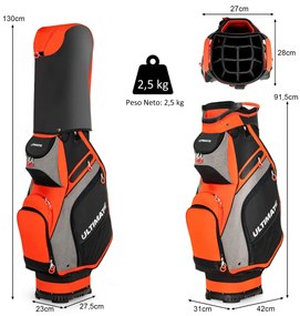 Saco para golfe Bolsa leve e portátil com 14 divisórias, 7 bolsos, capa para chuva, 42 x 31 x 91,5 cm  Vermelho alaranjado