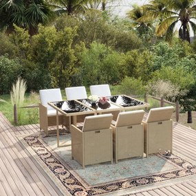 vidaXL 7 pcs conjunto jantar p/ jardim c/ almofadões vime PE bege