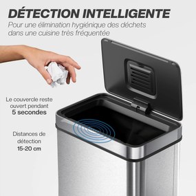 Caixote do lixo com sensor de 50 L com tampa de fecho suave 39 x 27 x 54 cm, caixote do lixo automático de cozinha em aço inoxidável, prateado