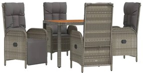 5 pcs conjunto de jantar p/ jardim c/ almofadões vime PE cinza