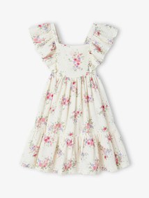 Vestido às flores, em gaze de algodão, para menina cru