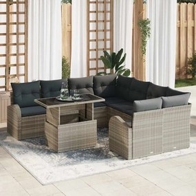 Conjunto de Sofás de Jardim vidaXL 9 Peças com Almofadas Cinza Claro Rattan Poliéster