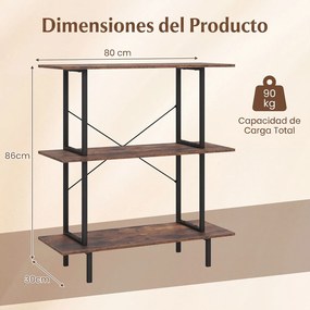 Estante Industrial de 3 Níveis, 80 x 30 x 86 cm, Estrutura Metálica Reforçada, Castanho+Preto