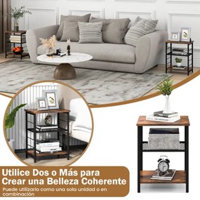 Mesa apoio industrial de 3 níveis, estrutura metálica, mesa de madeira, mesa lateral para quarto e sala, 38,5 x 30 x 50 cm Castanho Rústico