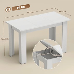Mesa de Jantar com Tampo Elevável (CADEIRAS NÃO INCLUIDAS), 120 x 60 x 75,5 cm, Arrumação Oculta, Branco