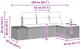Conjunto de Sofá de Jardim de 4 Peças com Almofadas Cinza de Rattan