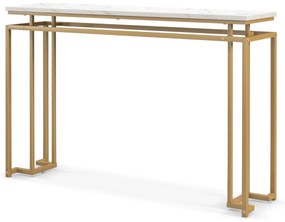 Mesa consola moderna com tampo de mármore artificial e estrutura metálica geométrica para hall de entrada e corredor 30 x 120 x 80,5 cm Dourado