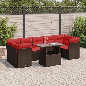 8 pcs conj. sofás jardim c/ almofadões vime PE/acácia castanho