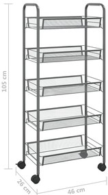 Carrinho de cozinha c/ 5 prateleiras ferro 46x26x105cm cinzento