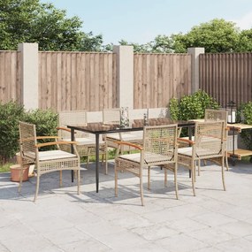 7 pcs conjunto de jantar p/ jardim com almofadões vime PE bege