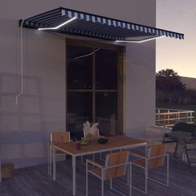 vidaXL Toldo retrátil manual com LEDs 450x300 cm azul e branco