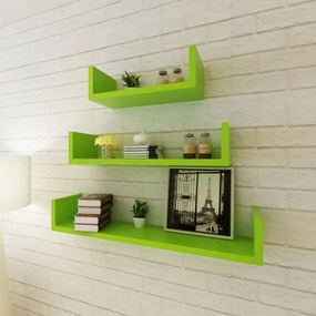 Conjunto 3 prateleiras de parede em forma de U MDF verde