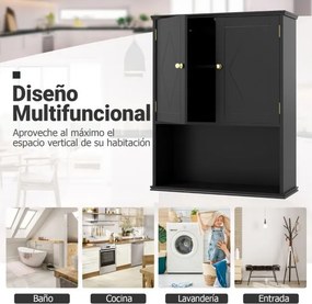 Armário de casa de banho de Parede 60 x 21 x 75 cm com 2 Portas com Prateleira Aberta e Ajustável Preto