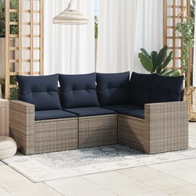 4 pcs conjunto sofás p/ jardim c/ almofadões vime PE cinzento