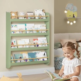 Estante infantil 12 x 80 x 100 cm com 4 níveis para quartos infantis e salas de jogos verde louro-natural