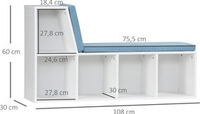 Banco 2 em 1 com 5 compartimentos de arrumação e 2 almofadas, 108 x 30 x 60 cm, branco e azul