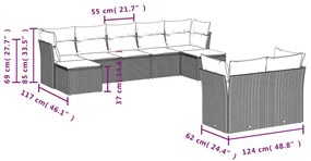 9 pcs conjunto sofás p/ jardim com almofadões vime PE cinzento