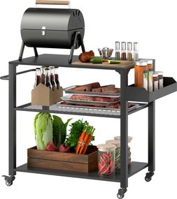 Carrinho de Apoio para churrasqueiras de 3 Níveis com 4 Rodas Prateleiras Mesa de Apoio para Forno de Pizza 105x50x79 cm Preto