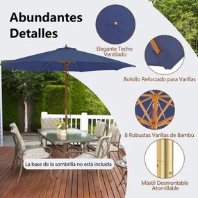 Guarda-sol 300 x 300 x 262 cm com 8 varas de bambu com elevação por roldana e orifício de ventilação para praia ou jardim Azul Marinho